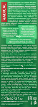 Tył zielonego opakowania Radical, peeling trychologiczny 75ml oczyszczający skórę głowy, z opisem przeciw wypadaniu włosów.