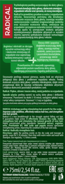 Radical peeling trychologiczny 75ml, tył zielonego opakowania z detalami, wzmacnia włosy.