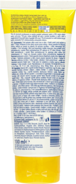 Tył tubki kremu przeciwsłonecznego Sunozon SPF 50, biała z żółtymi końcami, widoczne etykiety i kod kreskowy.