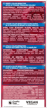 Tył ciemnoczerwonego opakowania farby Color Sensation, opis trwałości koloru, keratyna, ikony Vegan/Cruelty Free.