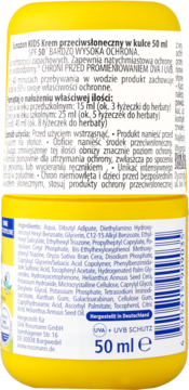 Tył żółtego opakowania Sunozon KIDS Kremu SPF 50, z listą składników i informacją o pojemności 50 ml.