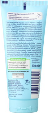 Tył jasnoniebieskiej tubki kremu Sunozon SOS po opalaniu 100 ml, z listą składników i informacjami o recyklingu.
