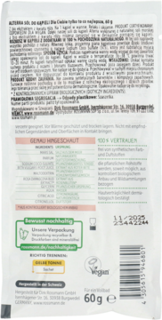 Tył białej torebki soli do kąpieli Alterra 60g, z niemieckim opisem, listą składników i logo Vegan.
