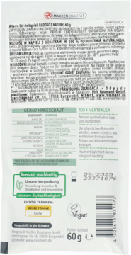 Tylna strona białej saszetki Alterra sól do kąpieli z zielonymi detalami, widocznym tekstem i kodem kreskowym.