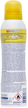 Tył białej butelki sprayu Sunozon Kids Anti Sand SPF 30 z żółtą nakrętką i detaliczną niemiecką etykietą.