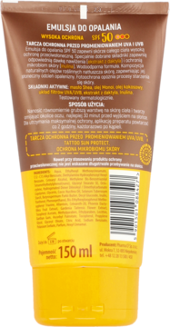 Tył brązowej emulsji do opalania Venus Golden Sun SPF 50, z tekstem o składzie i ochronie tatuaży.