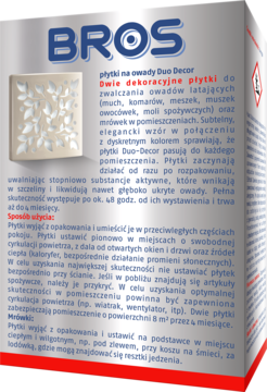 Tył szarego opakowania BROS Duo Decor płytki na owady z białą dekoracyjną płytką. Produkt na muchy i mrówki, działa 4 miesiące.