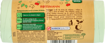 Tył opakowania worków na śmieci Rossmann, biodegradowalnych 25l, z informacjami o kompostowalności i recyklingu.