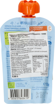 Tył niebieskiej saszetki Genuss Plus Kids, mus owocowy brzoskwinia-mango-banan dla dzieci 1+, z tabelą.