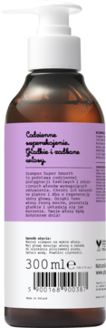 Brązowa butelka naturalnego szamponu Super Smooth z białą pompką, tył opakowania z etykietą 300ml.