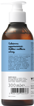 Tył brązowej butelki szamponu Super Fresh Daily Heroes 300 ml, z niebieską etykietą i białym dozownikiem.