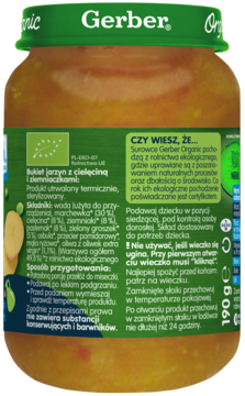 Tył słoiczka Gerber Organic z daniem dla niemowląt, widoczna etykieta z opisem składu i przygotowania w języku polskim.