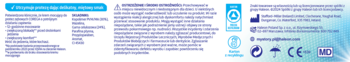 Niebiesko-biała etykieta Corega Super Mocny krem mocujący do protez zębowych, instrukcje, ostrzeżenia, ikony.