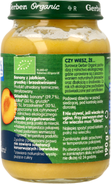Słoiczek Gerber Organic, tylna etykieta z puree bananowo-owocowym. Zielona nakrętka, widoczne polskie napisy.