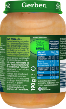Tył słoiczka Gerber Organic Banany z jabłkiem po 6. miesiącu, 190g, z tabelą wartości odżywczych.