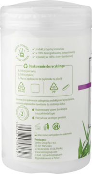 Tył białego opakowania chusteczek micelarnych Avellia. Widoczne info o 100% bambusie, biodegradacji i recyklingu.