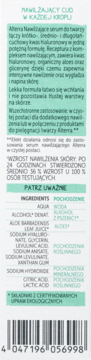 Opakowanie serum Alterra z potrójnym kwasem hialuronowym, tył z listą składników w języku polskim.