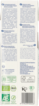 Tył kartonu organicznego napoju ryżowego z kakao, białe tło, certyfikaty BIO, kody kreskowe i info o produkcie.