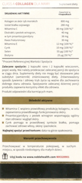 Tył opakowania suplementu Collagen dla Mamy z listą składników aktywnych, dawkowaniem i warunkami przechowywania.