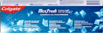Tył opakowania pasty Colgate Max Fresh Cooling Crystals. Niebieskie tło z kryształkami lodu i tekstem o 10x dłuższej świeżości.