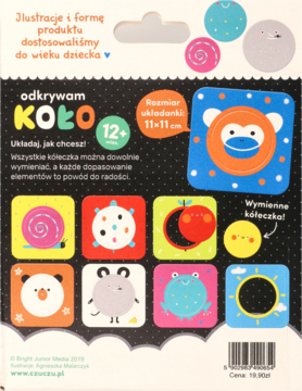 Tył opakowania puzzli Odkrywam Koło, 11x11cm. Kolorowa układanka dla dzieci 12m+ z wymiennymi kółkami i ilustracjami.
