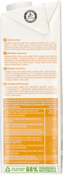 Tył opakowania organicznego napoju owsianego, widoczne informacje o składnikach i wartościach odżywczych.