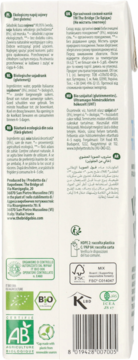 Tył białego kartonu organicznego napoju sojowego bez glutenu, z logo BIO, FSC, Kosher i kodem kreskowym.
