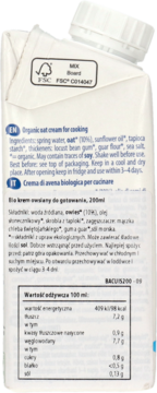 Białe opakowanie kremu owsianego do gotowania, widok z tyłu z listą składników, wartościami odżywczymi i FSC.