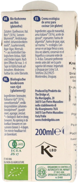 Tył białego kartonu organicznego kremu ryżowego bezglutenowego 200 ml, z opisem składników i certyfikatami.