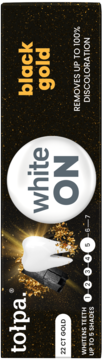 Czarne opakowanie pasty Tołpa Black Gold White ON, wybielającej zęby, z grafiką zęba i złotymi detalami.