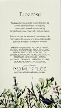 Tył opakowania perfum Tuberose 50ml. Białe pudełko z listą składników, ostrzeżeniami i kwiatowym wzorem.