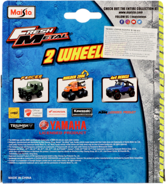 Tył niebiesko-czarnego opakowania Maisto Fresh Metal 2 Wheelers, z obrazami trzech modeli pojazdów i logotypami.