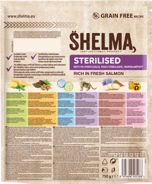 Tył beżowego opakowania Shelma Sterilised Rich in Salmon, bezzbożowej karmy dla kotów, z tabelą dawkowania.