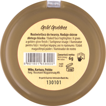 Tył złotego, okrągłego opakowania rozświetlacza Lovely Gold Goddess 6g z etykietą "Baked face highlighter".