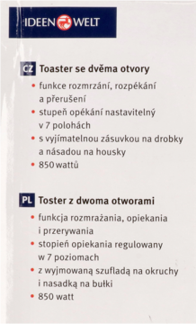 Front opakowania tostera Ideenwelt: czarno-biała etykieta z polskim opisem funkcji, w tym moc 850W i 7 stopni opiekania.