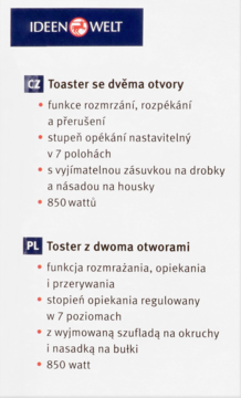 Panel informacyjny Ideenwelt z opisem tostera w językach czeskim i polskim, wymienione funkcje i dane techniczne.