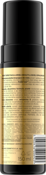 Tył butelki ekspresowej pianki brązującej do ciała Puretan 150ml, złoto-czarnej, z opisem składu.
