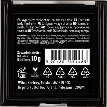 Tył czarnego opakowania wypiekanego rozświetlacza Wibo 10g, z etykietą, kodem kreskowym i listą składników.