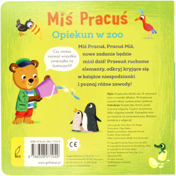 Tył książki Miś Pracuś Opiekun w zoo z niedźwiedziem lejącym wodę na pingwiny, tekst o ruchomych elementach.