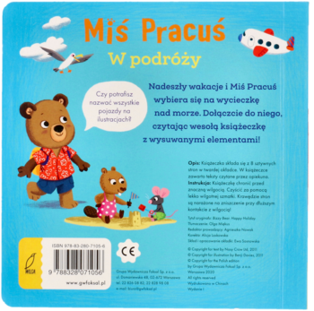 Niebieska tylna okładka książki dla dzieci Miś Pracuś W podróży z ilustracjami i tekstem o elementach do wyciągania.