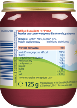 Tył szklanego słoiczka HiPP BIO, mus owocowo-warzywny Jabłka z burakiem, z widoczną etykietą i wartościami odżywczymi.