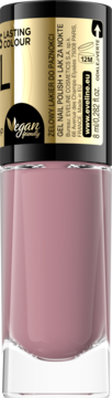 Bladoróżowy lakier Eveline Cosmetics GEL LAQUE 8ml, butelka z czarną nakrętką, z logo Vegan, widok z przodu.