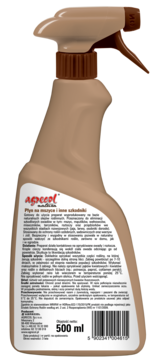 Apicol Natura płyn na mszyce 500ml, brązowa butelka spray, widok z tyłu z pełną etykietą produktu.