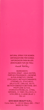 Tył różowego pudełka perfum dla kobiet, z listą składników, danymi producenta GIVE BACK BEAUTY, MADE IN ITALY.