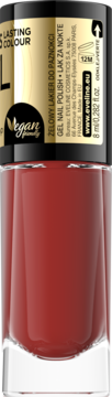 Eveline Cosmetics Gel Nail Polish w czerwieni, butelka z wegańskim logo, widok z przodu.