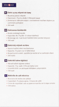 Lista cech elektrycznego młynka do kawy Ideenwelt: 75g, 200W, z blokadą bezpieczeństwa.