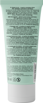 Tył miętowej tubki kremu do rąk Sorbet z arbuza 50ml (98% naturalny skład), widoczny tekst.