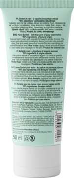 Tył tubki Sorbetu do rąk o zapachu arbuza, 50ml, z listą składników i opisem w wielu językach.