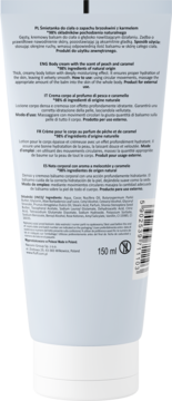 Tył jasnoniebieskiej tubki balsamu do ciała 150 ml brzoskwinia-karmel. Widoczne opisy, skład i logo producenta.