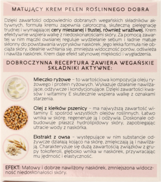 Bielenda Vegan Muesli matujący krem: biało-różowy panel z informacjami o składnikach roślinnych.